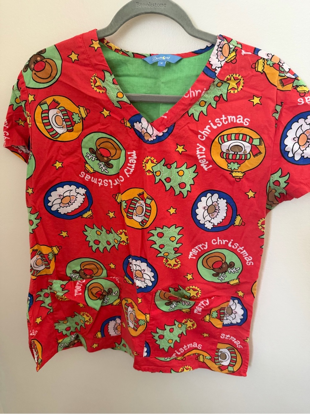 Women’s Red Christmas Print V-Neck Scrub Top